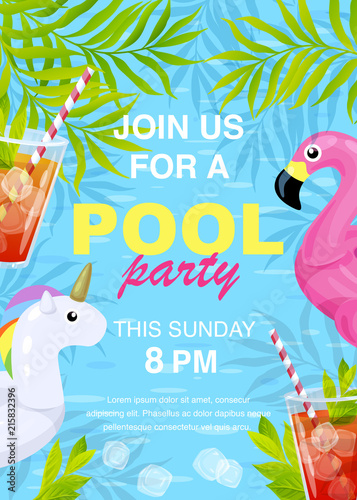 Vector illustration, invitation card design, join us for a Pool party text. Inflatable flamingo and unicorn in cartoon style.