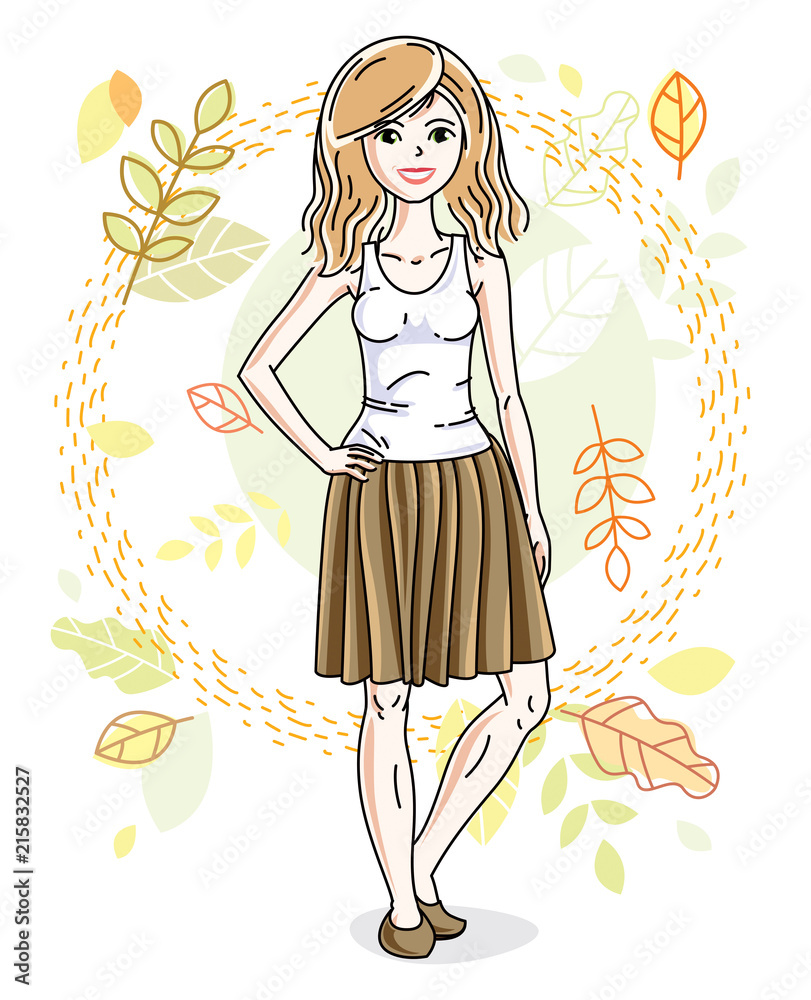 Happy young blonde woman posing on background of autumn landscape and wearing fashionable casual clothes. Vector attractive female illustration. Fashion and lifestyle theme cartoon.