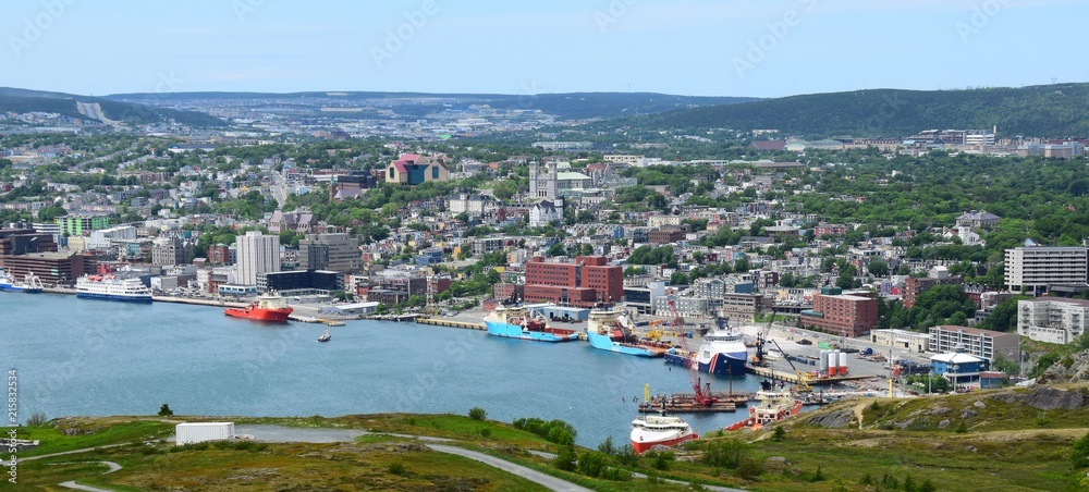 high angle panoramic view from Signal Hill towards St John's Newfoundland Canada