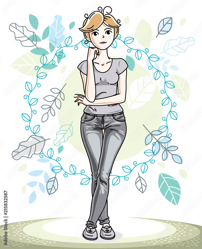 Happy pretty young blonde woman standing on background of spring ecology landscape with delicate blue leaves and wearing fashionable casual clothes. Vector character. Happy pretty young blonde woman standing on background of spring ecology landscape with delicate blue leaves and wearing fashionable casual clothes. Vector character.