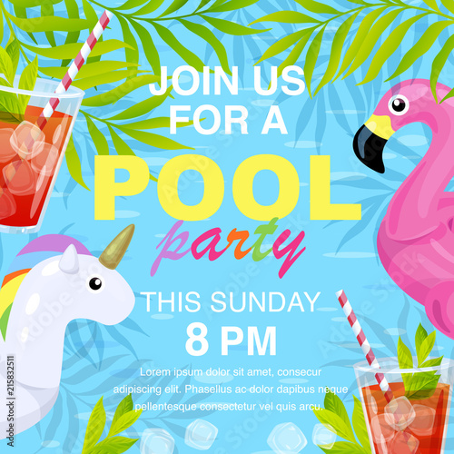 Vector illustration, invitation card design, join us for a Pool party text. Inflatable flamingo and unicorn in cartoon style.