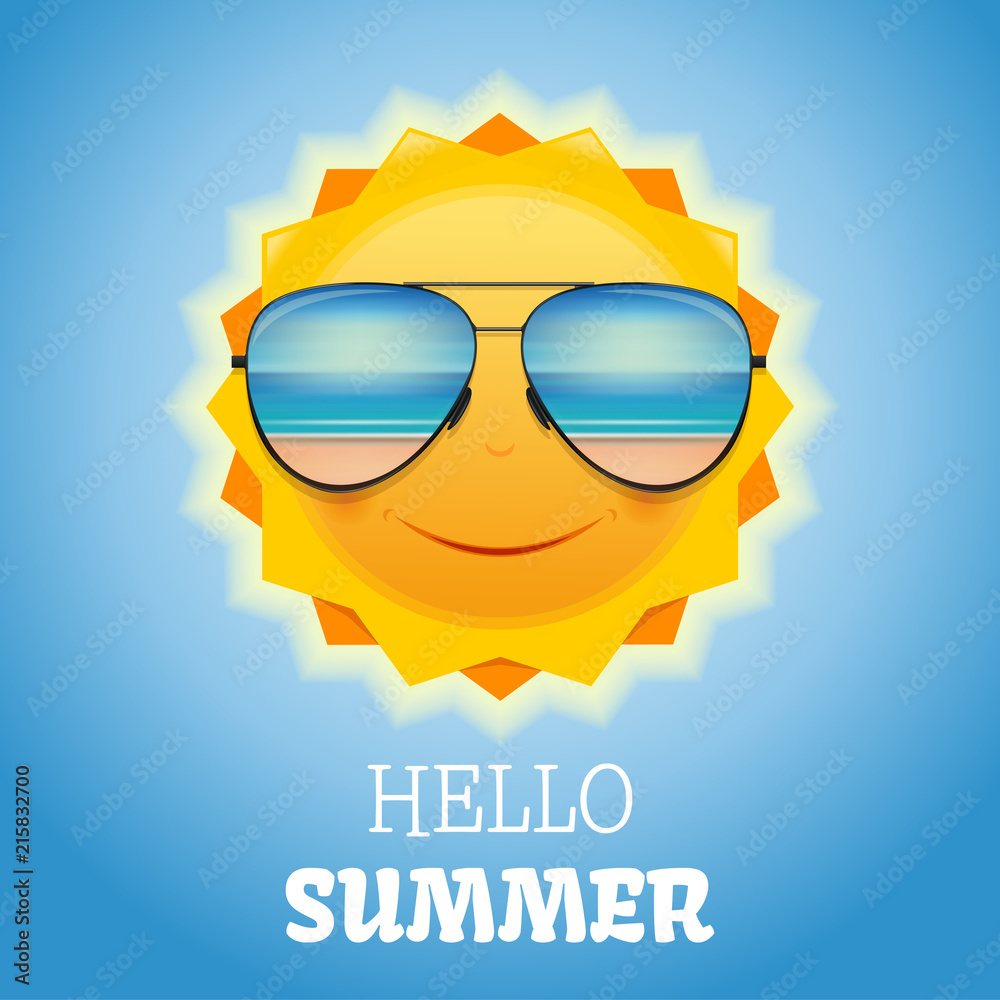 Cute smiling sun in sunglasses. Summer design. Sea and the beach are reflected in sunglasses. Hello summer. Vector illustration
