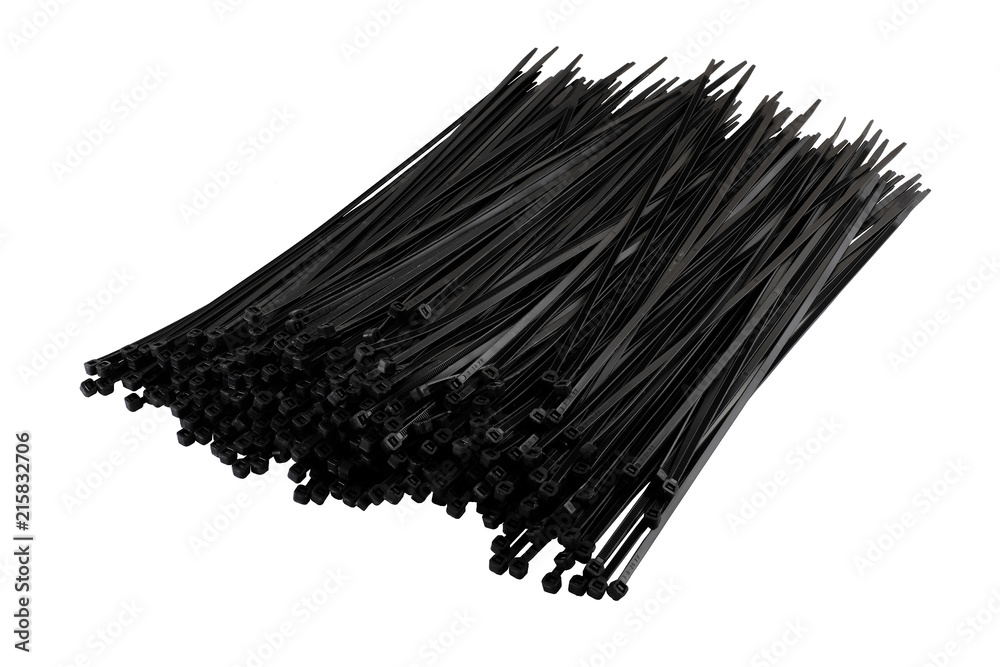 Black Cable ties isolated on white background - large group of objects Black Cable ties isolated on white background - large group of objects