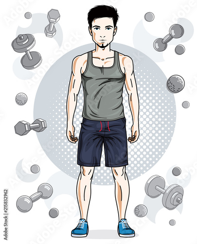 Confident handsome brunet young man with beard is standing on simple background with dumbbells and barbells. Vector illustration of sportsman, sport style.