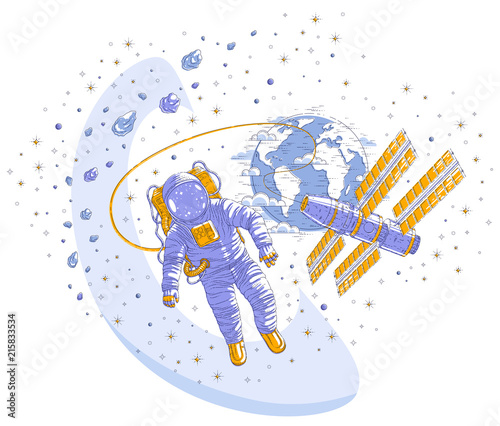 Astronaut flying in open space connected to space station and earth planet in background, spaceman in spacesuit floating in weightlessness and iss spacecraft, asteroids and stars. Vector isolated.