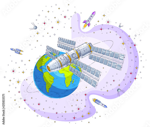 Space station flying orbital spaceflight around earth, spacecraft spaceship iss with solar panels, artificial satellite, with rockets, stars and other elements. Thin line 3d vector illustration.
