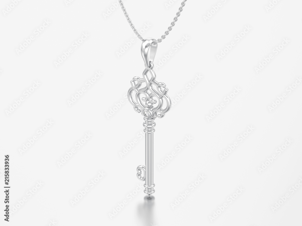 3D illustration white gold or silver decorative key in the form of a heart necklace on chain with diamond 3D illustration white gold or silver decorative key in the form of a heart necklace on chain with diamond