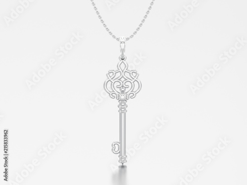 3D illustration white gold or silver decorative key in the form of a heart necklace on chain with diamond