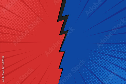 Pop art comic background lightning blast halftone dots. Cartoon Vector Illustration on red and blue