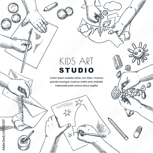Kids art class work process. Vector sketch illustration of painting, drawing children. Craft and creativity concept.