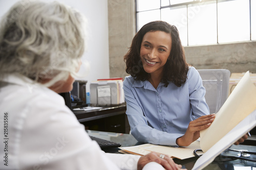 Smiling female analyst in consultation with senior woman