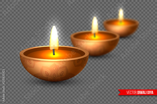 Diwali diya - oil lamp. Elements for traditional Indian festival of lights. 3D realistic style with blur effect on transparent background, vector illustration.