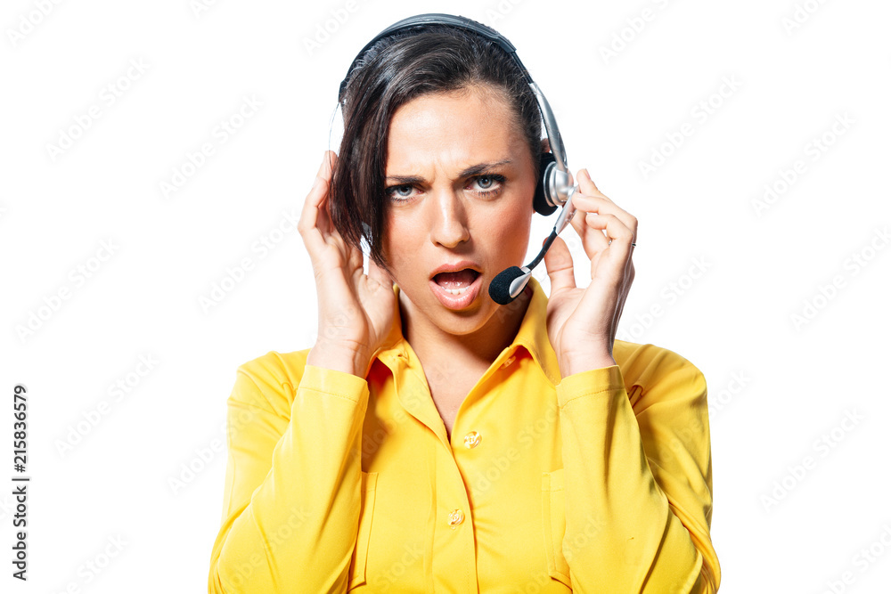 Argumentative call centre operator taking a call speaking into the microphone with a frown and gesticulating with her hand as she tries to make a point or explain isolated on white Argumentative call centre operator taking a call speaking into the microphone with a frown and gesticulating with her hand as she tries to make a point or explain isolated on white