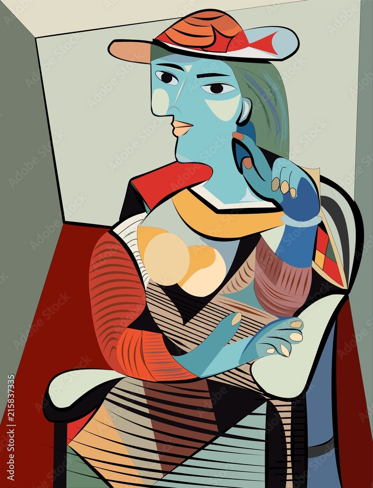 Fototapeta Colorful abstract background, cubism art style, woman with hat