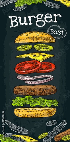 Burger with flying ingredients on white background. Vector black vintage engraving