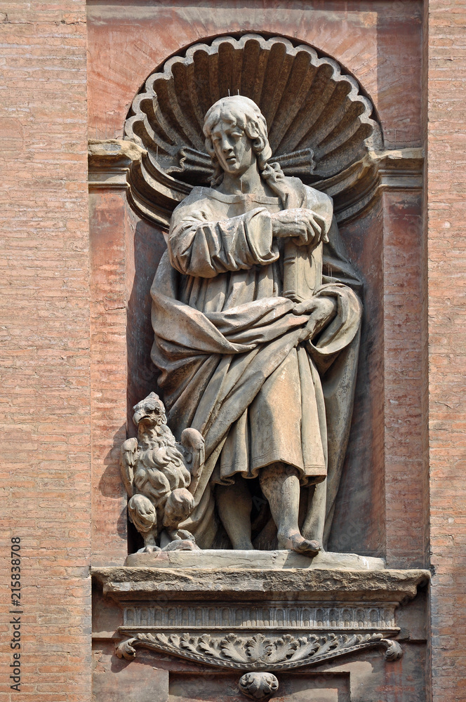 Italy, Bologna Saint John evangelist statue attributed to Giovanni Tedeschi  in the front of Santissimo Salvatore church.