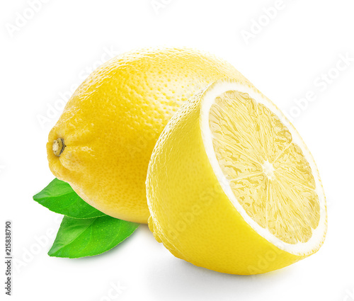 Isolated lemons. Whole lemon fruit and sliced lemon with leaf isolated on white background