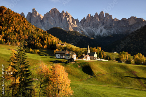 Santa Magdalena Village in Val di Funes with the Odle italian Dolomites group on the background. South tyrol, Italy.