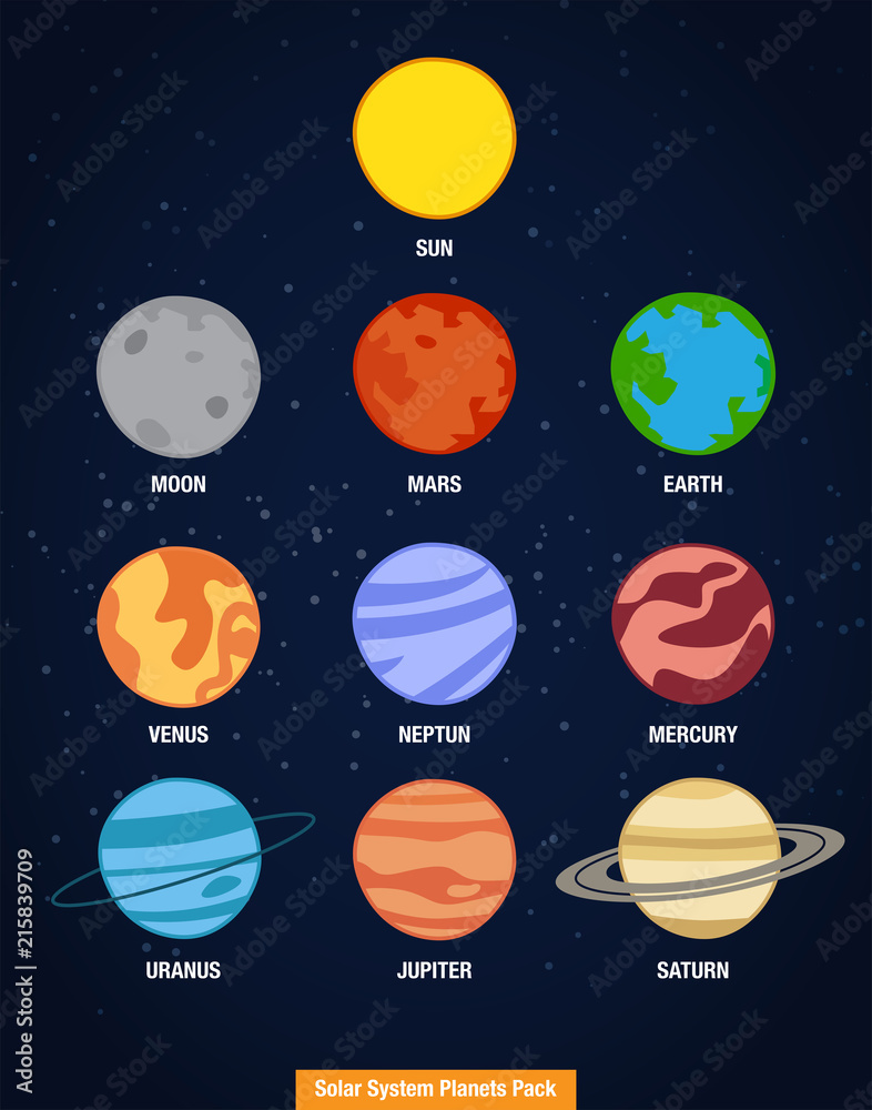 Colorful, fun, cute, cartoon bright solar system planets on universe ...