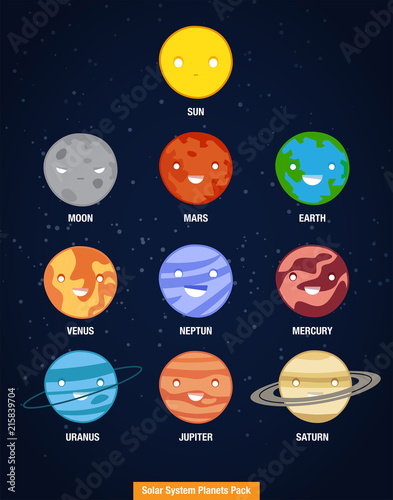 Colorful, fun, cute, cartoon bright solar system planet characters on universe background. Solar system planets icons vector set, educational, space concepts