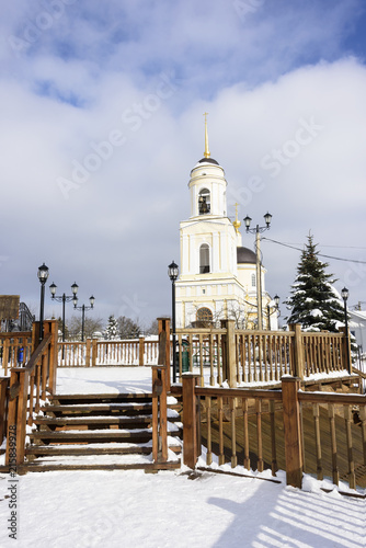 Belfry of the Orthodox Church in the village of Radonezh, Moscow Region in Russia