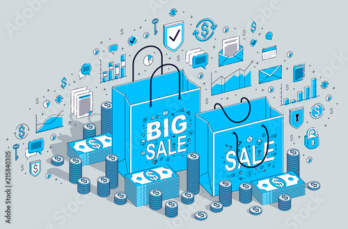 Sellout concept, Retail, Big Sale, Shopping Bag with cash money stacks and coin piles isolated on white. Isometric 3d vector finance illustration with icons, stats charts and design elements.