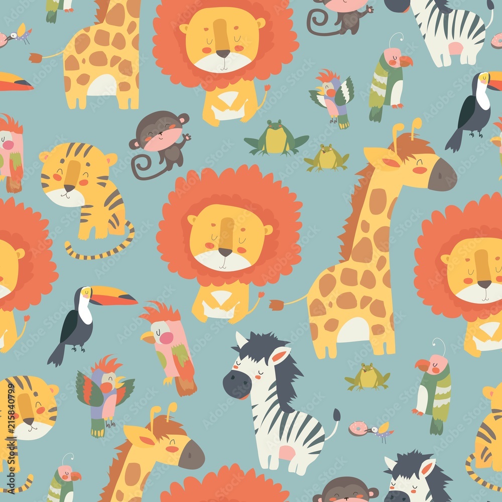 Happy jungle animals seamless pattern