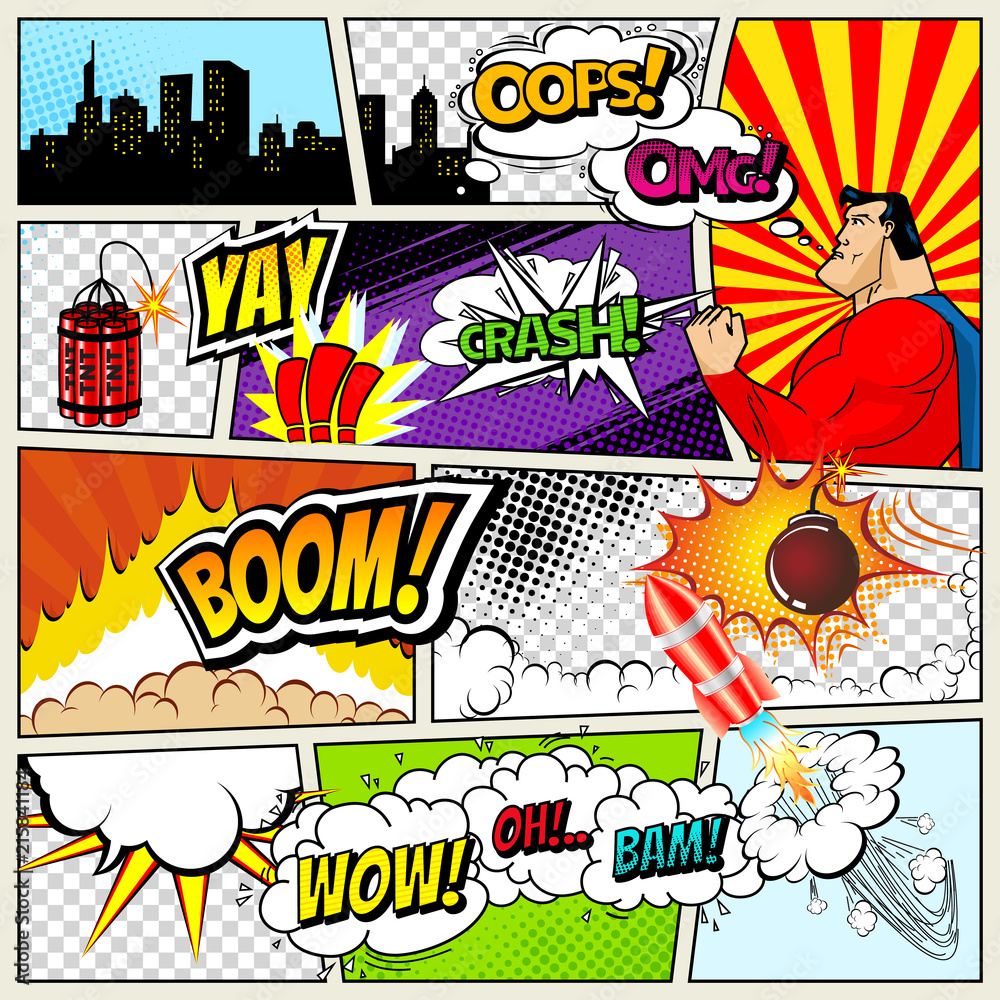 Comics Template. Vector Retro Comic Book Speech Bubbles Illustration. Mock-up of Comic Book Page with place for Text, Speech Bubbls, Symbols, Colored Halftone Background and Superhero