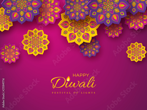 Diwali festival holiday design with paper cut style of Indian Rangoli. Purple color background, vector illustration.