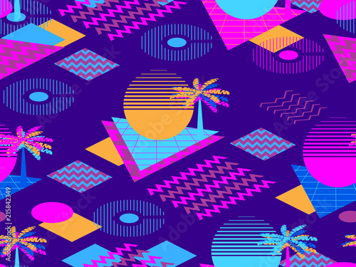 Memphis seamless pattern with palm tree. Geometric elements memphis in the style of 80s. Synthwave futuristic background. Retrowave. Vector illustration