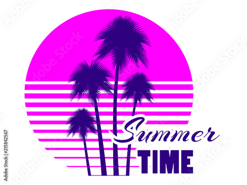 Summer time retro futuristic landscape with palm trees. Neon sunset in the style of 80s. Synthwave retro background. Retrowave logo. Vector illustration