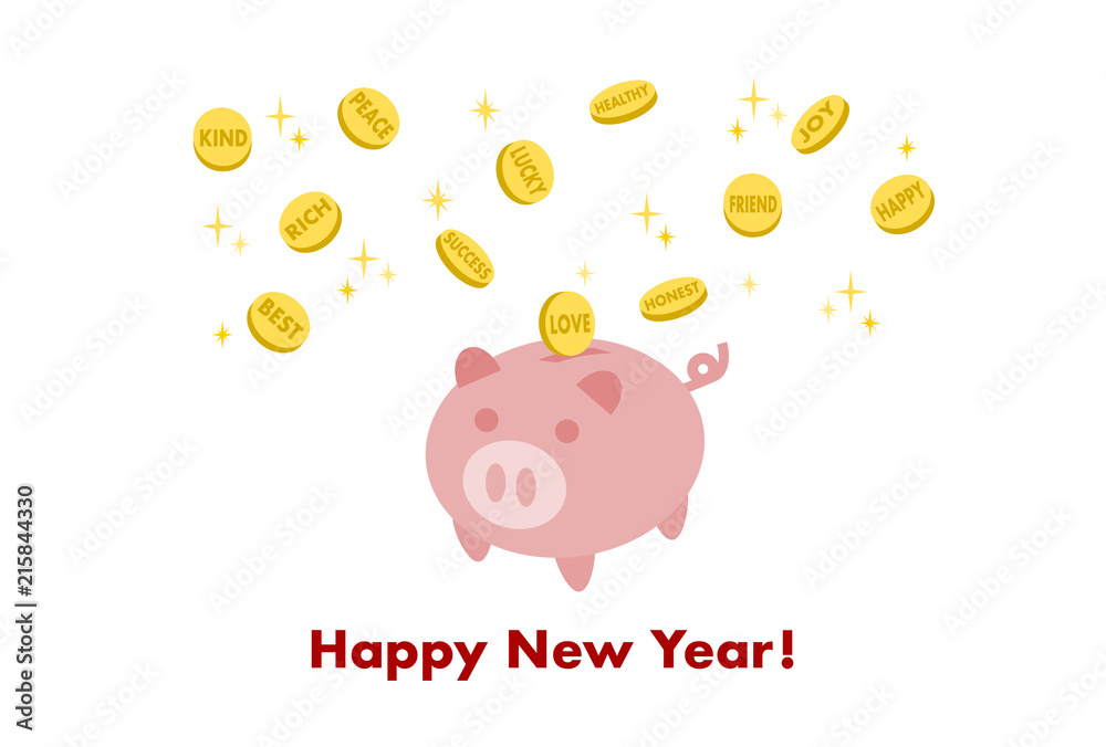 年賀状イラスト ブタの貯金箱とポジティブな言葉のコイン Stock Vector Adobe Stock