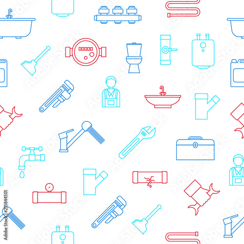Plumbing Equipments and Tools Seamless Pattern Background. Vector
