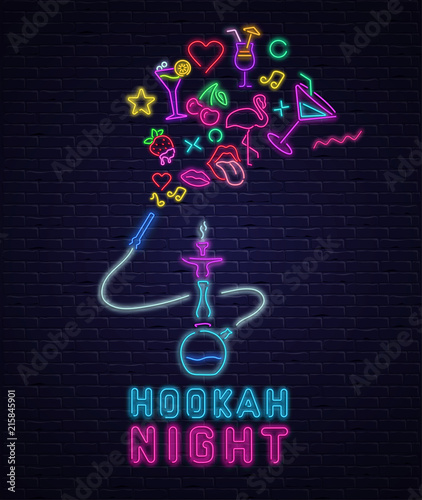 Black hookah night background with colorful neon decoration.