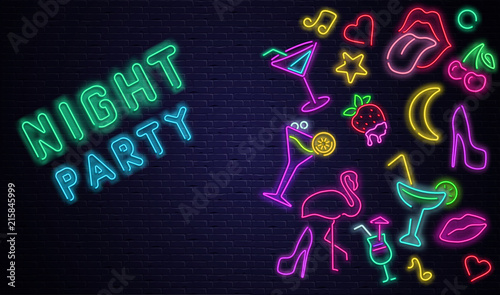 Black night party background with colorful neon decoration.