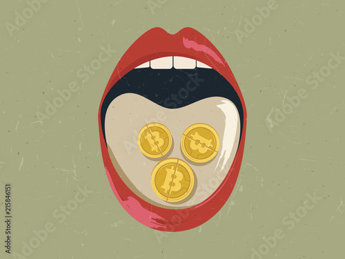 Bitcoin pills in girl mouth, addictive Bitcoin investment