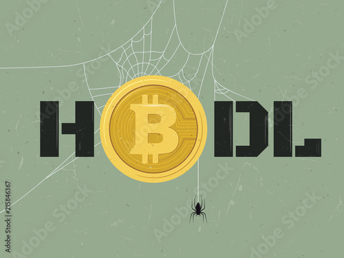 Spider spining web all over Bitcoin and HDL text, hold on for dear life, cryptocurrency term