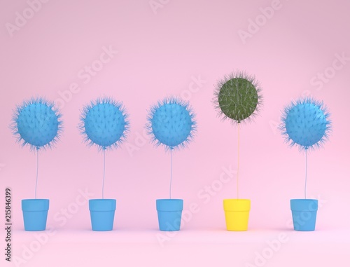 Outstanding balloon cactus with yellow flower pot on pink pastel background. minimal idea concept.