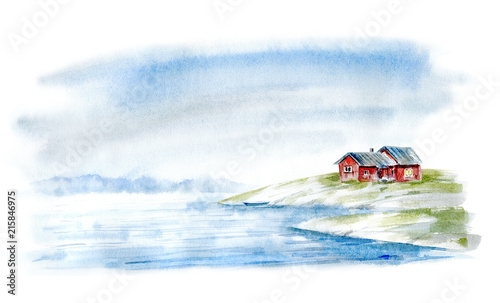 Landscape of a sea house and sailing ship. Ocean. Marine image.Watercolor hand drawn illustration.