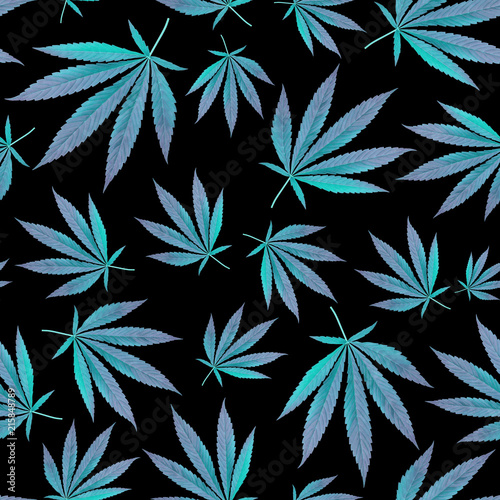 design textile, wallpaper. blue leaves cannabis Marijuana. Seamless modern Pattern