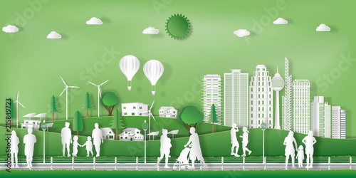 landscape of peoples exercise and relax in the morning city on summer, fresh air in the park as nature, healthy, paper art and craft style concept. vector illustration
