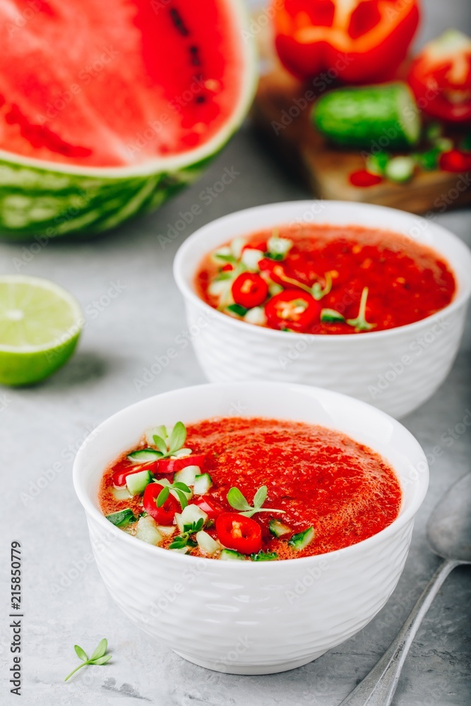Watermelon and Tomato Gazpacho in white bowls. Watermelon and Tomato Gazpacho in white bowls.
