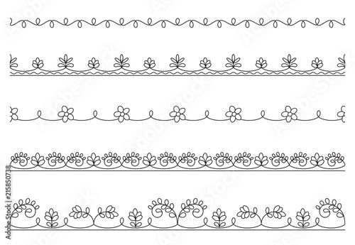 Black floral seamless ornaments, schemes for embroidery. Thai style. Pattern brushes included in vector file.