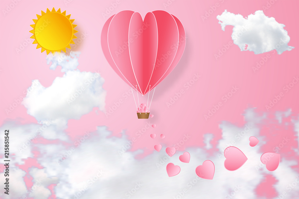 The hot air heart balloon on pink sky and sunny as love, happy valentine's day, wedding and paper art concept. vector illustration.