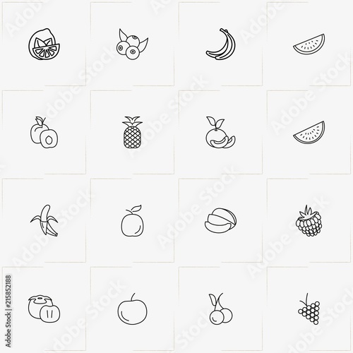 Berries And Fruits line icon set with banana, melon and peach