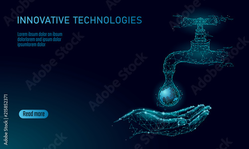 Save water low poly concept. Polygonal triangle ecology planet ocean sea safety banner. Water tap drop leak fix nature global environment care world day vector illustration