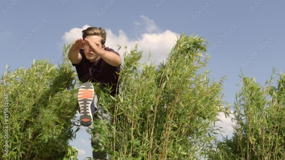 Freerunner jumping through bamboo bushes in slow-motion, filmed sideways. Freerunner jumping through bamboo bushes in slow-motion, filmed sideways.