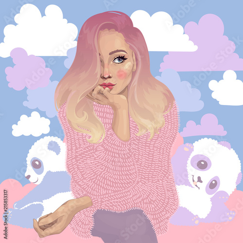 vector beautiful cute girl sitting on a pink cloud, she pondered, next to her two cute pandas