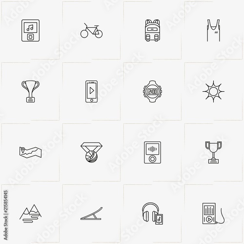 Bicycle Sport line icon set with mountain , medal and trophy