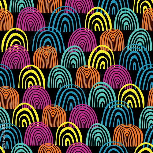 Doodle rainbow seamless vector pattern. Teal, blue, pink and orange half circles on black background. Textured backdrop. Hand drawn rainbow shapes endless background. Great for kids.